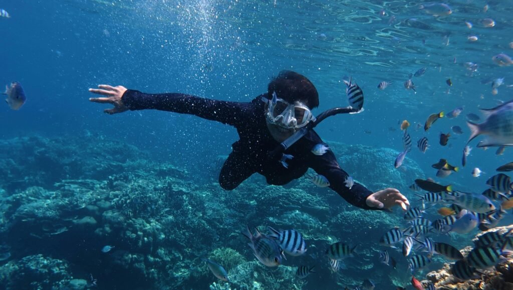 A person snorkeling among vibrant fish in the pristine waters of Jawa Tengah, Indonesia.